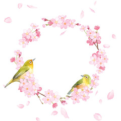 桜とメジロ２羽の水彩イラスト。春の丸型フレームデザイン。
