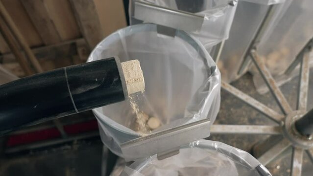 Wood Bricket Making Process In a Factory. Reusing Wood Shavings. Heating Material Making. Reusable