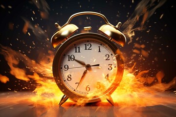 Fototapeta na wymiar Alarm clock with lightning flying stock photo, in the style of rendered in unreal engine, orange and gold