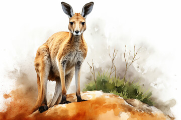 a kangaroo in nature in watercolor art style - obrazy, fototapety, plakaty