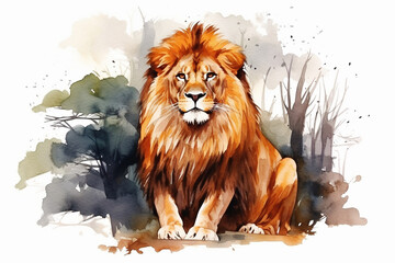a lion in nature in watercolor art style