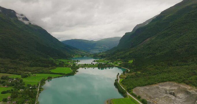 Scenic panoramic aerial view down valley of Oldevatnet Lake, Stryn, Norway