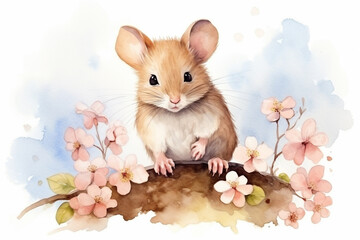 a mouse in nature in watercolor art style