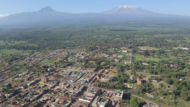 Scenic Loitokitok village at footstep of Mount Kilimanjaro, Kenya, aerial view
