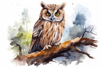 an owl in nature in watercolor art style - obrazy, fototapety, plakaty