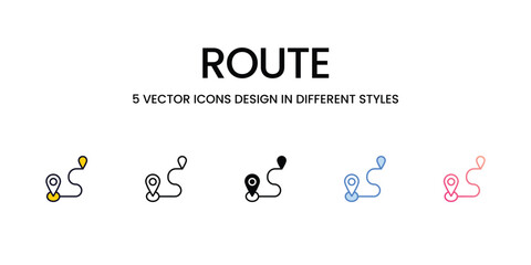 Route Icon Design in Five style with Editable Stroke. Line, Solid, Flat Line, Duo Tone Color, and Color Gradient Line. Suitable for Web Page, Mobile App, UI, UX and GUI design.