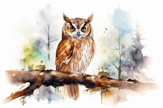 an owl in nature in watercolor art style
