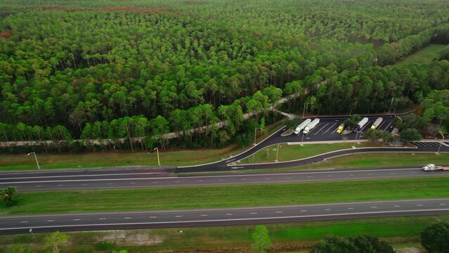 Sideways aerial Osceola National Forest Rest Area I-10 East MM 318, Transportation concept.