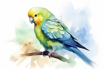 a parakeet in nature in watercolor art style