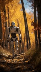 Fototapeta premium android robot strolling down a trail through the forest