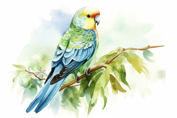 a parakeet in nature in watercolor art style