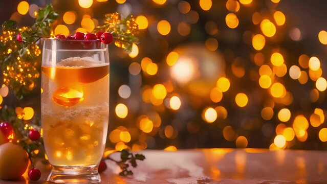 Golden bubbles in a tall glass of sparkling apple cider, with a festive garland of holly leaves and berries in the background.