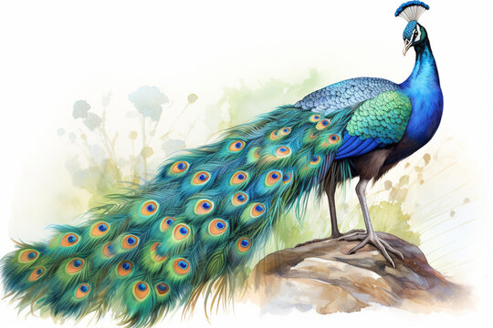 a peacock in nature in watercolor art style