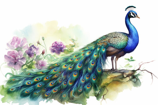 a peacock in nature in watercolor art style