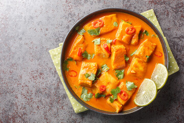 Delicious coconut tomato fish curry with Asian spices and chili pepper close-up on a plate on the table. Horizontal top view from above