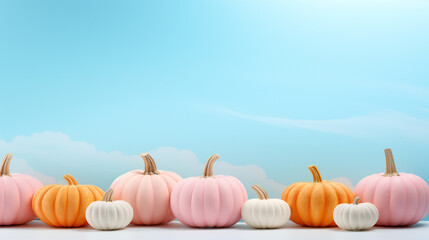 Pumpkins for Halloween. Happy Halloween
Autumn colorful pumkins on light blue wooden background. Harvest, fall time and halloween concept, post card, copy space.
