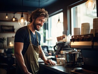 handsome barista in a trendy coffee shop - obrazy, fototapety, plakaty