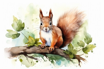 a squirrel in nature in watercolor art style - obrazy, fototapety, plakaty