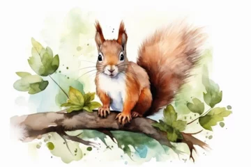 Fotobehang a squirrel in nature in watercolor art style © Yoshimura