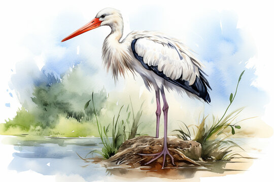 a stork in nature in watercolor art style