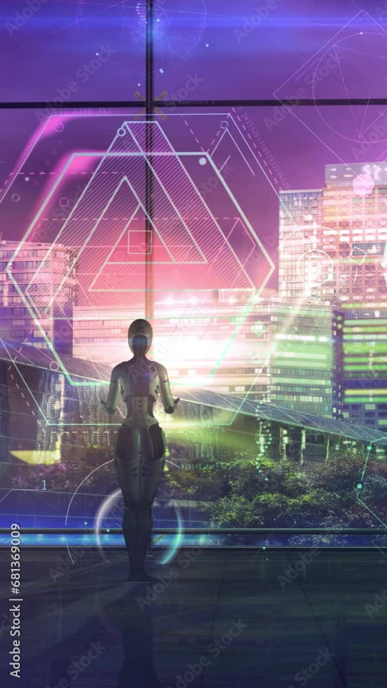 Poster science fiction plot with robot and infographics, 3d render.
