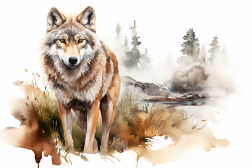 a wolf in nature in watercolor art style
