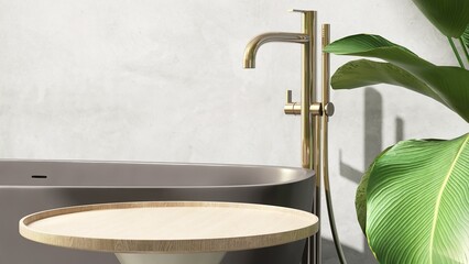Wooden round side table by brown bathtub, gold shower, tropical tree in luxury design bathroom in...