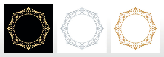 Set of decorative frames Elegant vector element for design in Eastern style, place for text. Floral black, gold and gray borders. Lace illustration for invitations and greeting cards