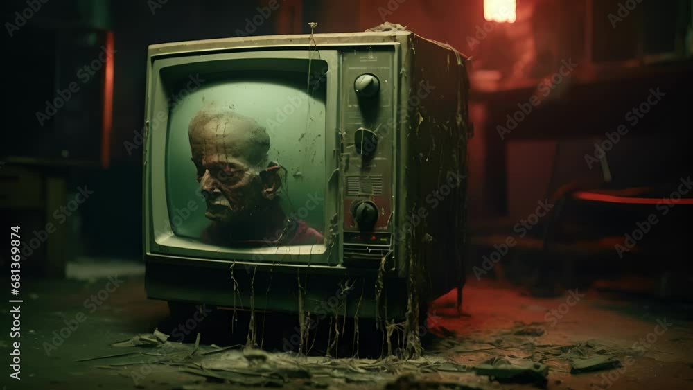 Poster a distorted television set with a mechanical robotic arm moving in response