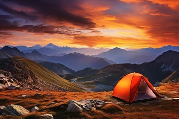 Fotobehang Tent in the mountains at sunset. Beautiful summer landscape with a tent. © Rudsaphon