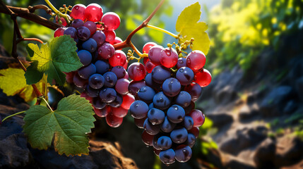 Ripe grapes in vineyard, with branches and green leaves.
