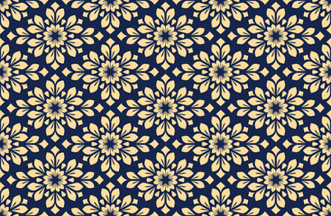 Flower geometric pattern. Seamless vector background. Gold and dark blue ornament. Ornament for fabric, wallpaper, packaging. Decorative print