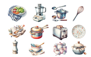 Watercolor kitchen utensils and kitchen on white background.