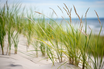 beauty of dunes adorned with lush green beach grass, embodying stability these plants provide to sandy landscapes and sense of natural balance they represent