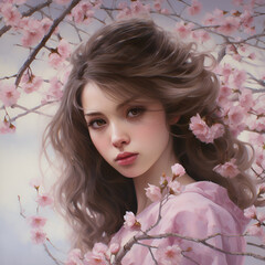 Obraz na płótnie Canvas Beautiful Girl Under Cherry Tree Pretty Girl with Cherry Blossom