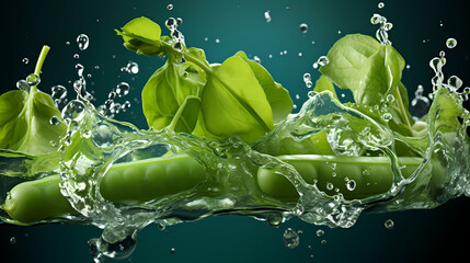 Pea commercial photography, with water splash photography effect, vegetable commercial photography