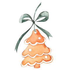 Watercolor illustration of gingerbread in the form of a Christmas tree. Baking isolate on a white background. For designing holiday cards and invitations