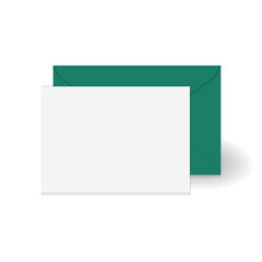 White standing greeting card and green paper envelope mockup template. Isolated on white background with shadow. Ready to use for your design or business. Vector illustration.