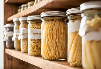 a canning jars prep pasta food storage shelf pantry dry goods cans stockpile cereal large family shopping preserve stock oats cooking preparation shelves storeroom shop beans rice