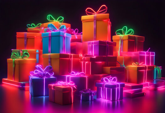 a neon light glowing shiny pile holiday gifts presents christmas tree greeting card bright seasons greetings eve night holidays glow santa claus saint Nicholas lights giving season