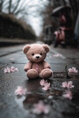 melancholy teddybear sitting on the street