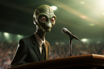 An alien politician speaking publicly on podium. Surprised humanoid in a suit at a microphone, humor - obrazy, fototapety, plakaty