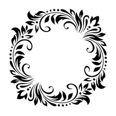 Round vintage frame, wreath, border of stylized leaves, flowers and curls. Retro, victorian style. Black lines on white background. Vector background, wallpaper, card