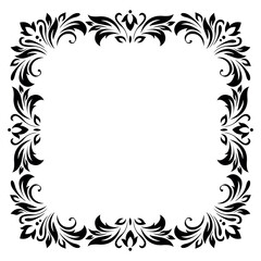 Square vintage frame, border of stylized leaves, flowers and curls in black lines on white background. Vector backdrop, wallpaper