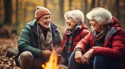 A Candid capture of joyful senior citizens enjoying companionship at a social club. Collect friendships and fun during camping adventures in misty forests and lakes.