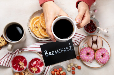 Delicious american dessert table with coffee.