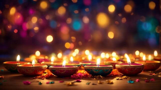 Diwali festival of lights tradition Diya oil lamps against dark background.