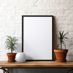 mockup of an empty picture frame standing on a side table