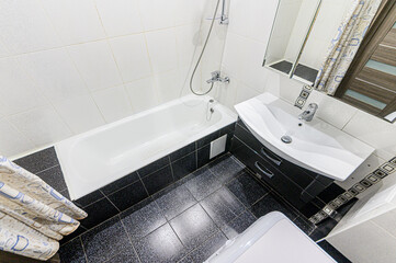 interior apartment room bathroom, sink, decorative elements, toilet