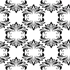 Vintage seamless plant pattern of black stylized leaves, flowers and curls on white background. Retro style. Vector backdrop, texture for victorian wallpapers, wrapping paper, fabric